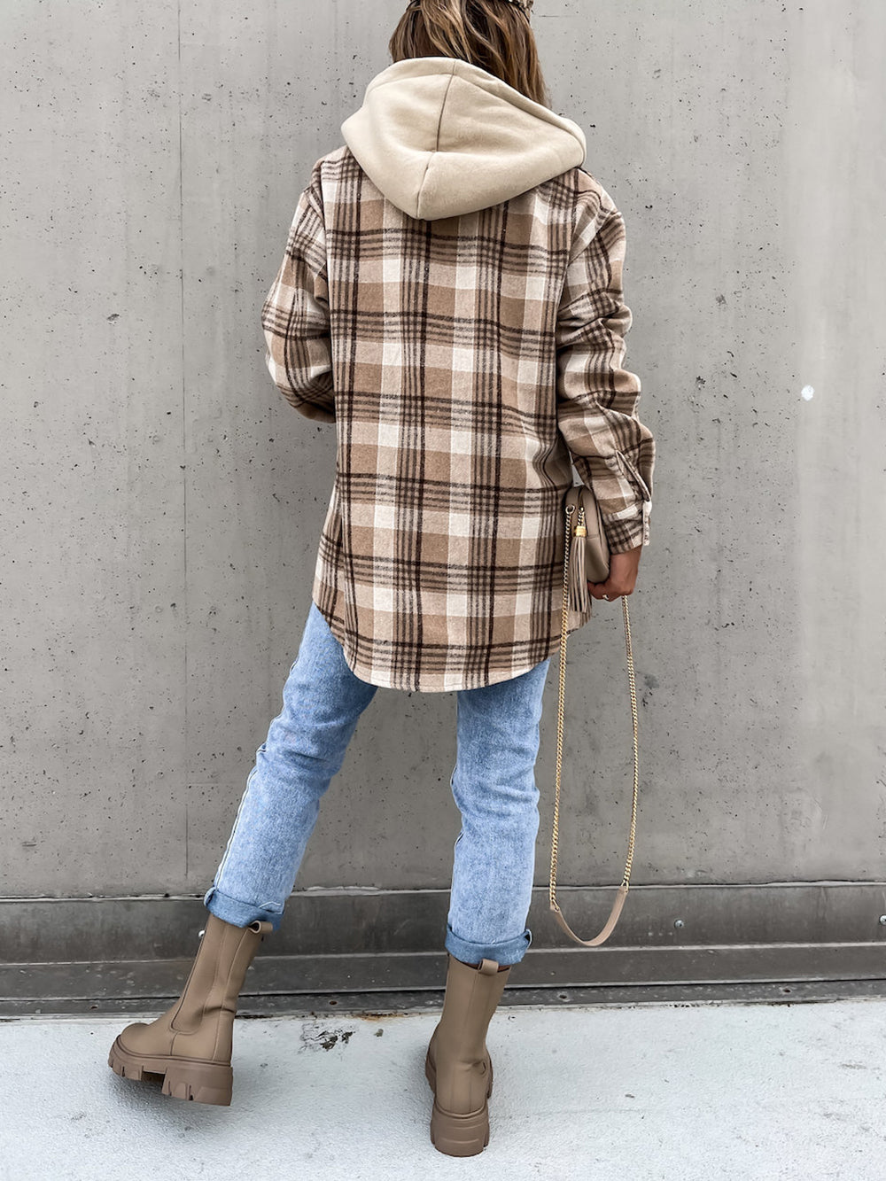 Fashion Detachable Hooded Plaid Coat