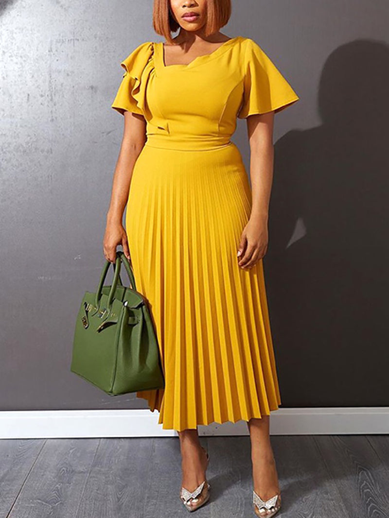 Casual Ruffles Slim Pleated Dress