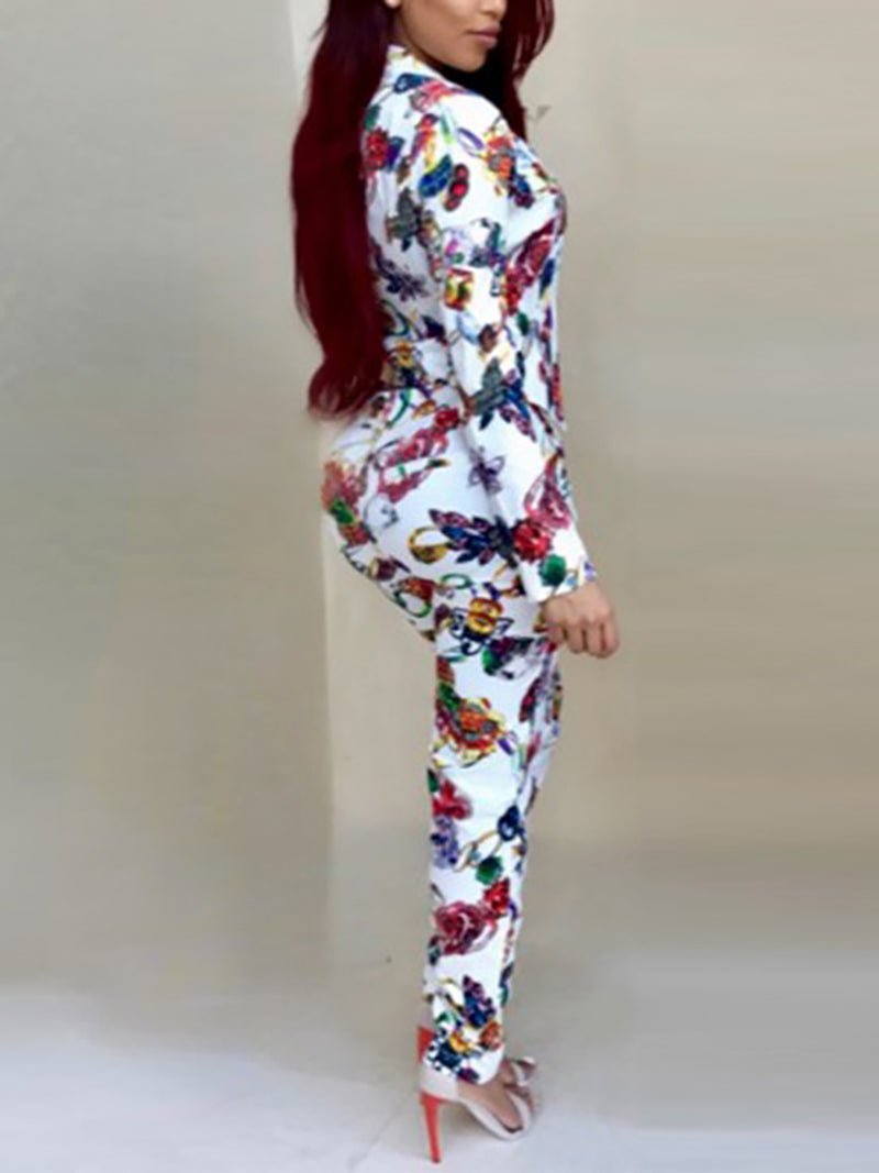 Print Cardigan Trousers Suit