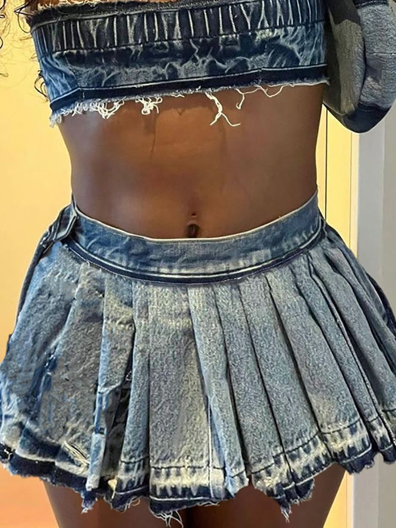 High Waist Denim Pleated Skirt