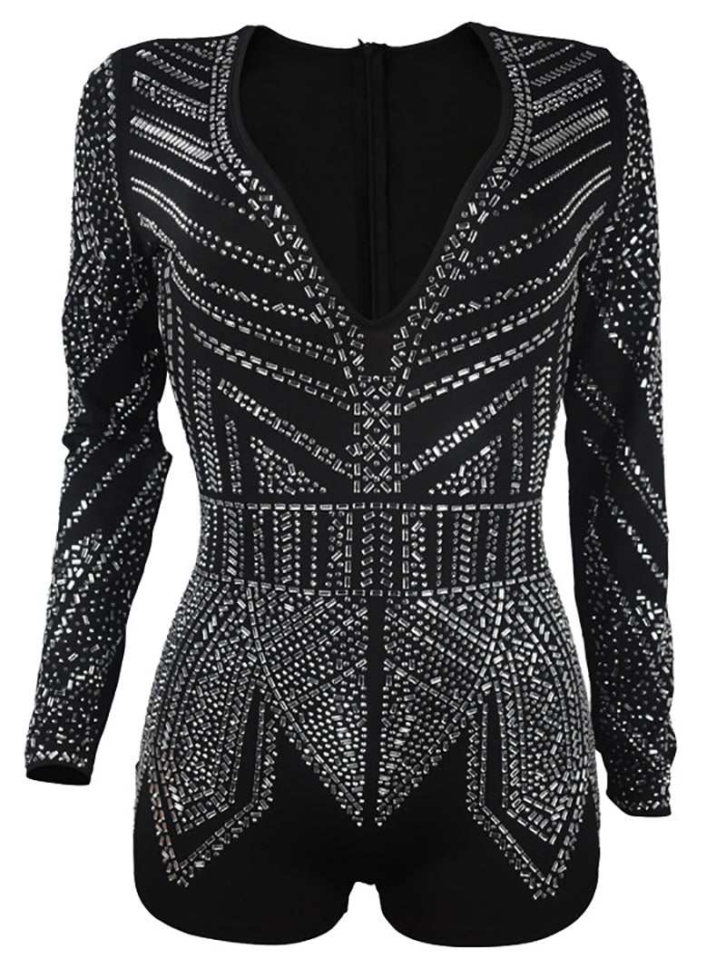 Sexy Deep V Rhinestone Club romper