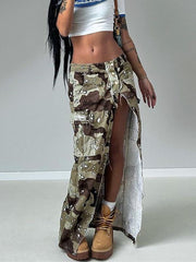 Casual High Slit Camo Cargo Skirt