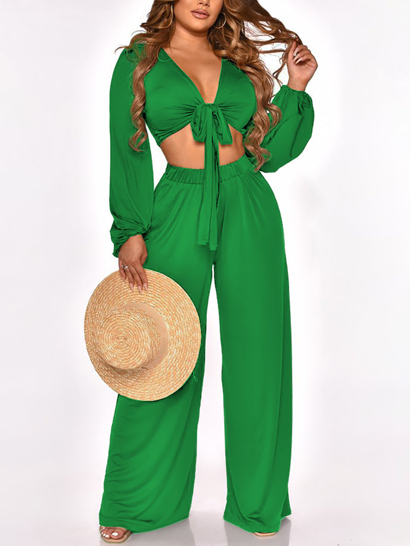 Bandage Crop top Wide-leg Pants Suit