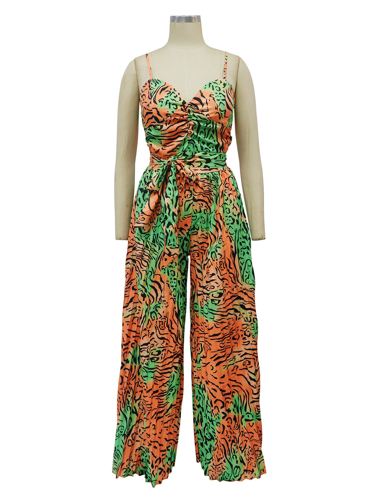 Print Suspenders Pleat Wide leg Jumpsuit