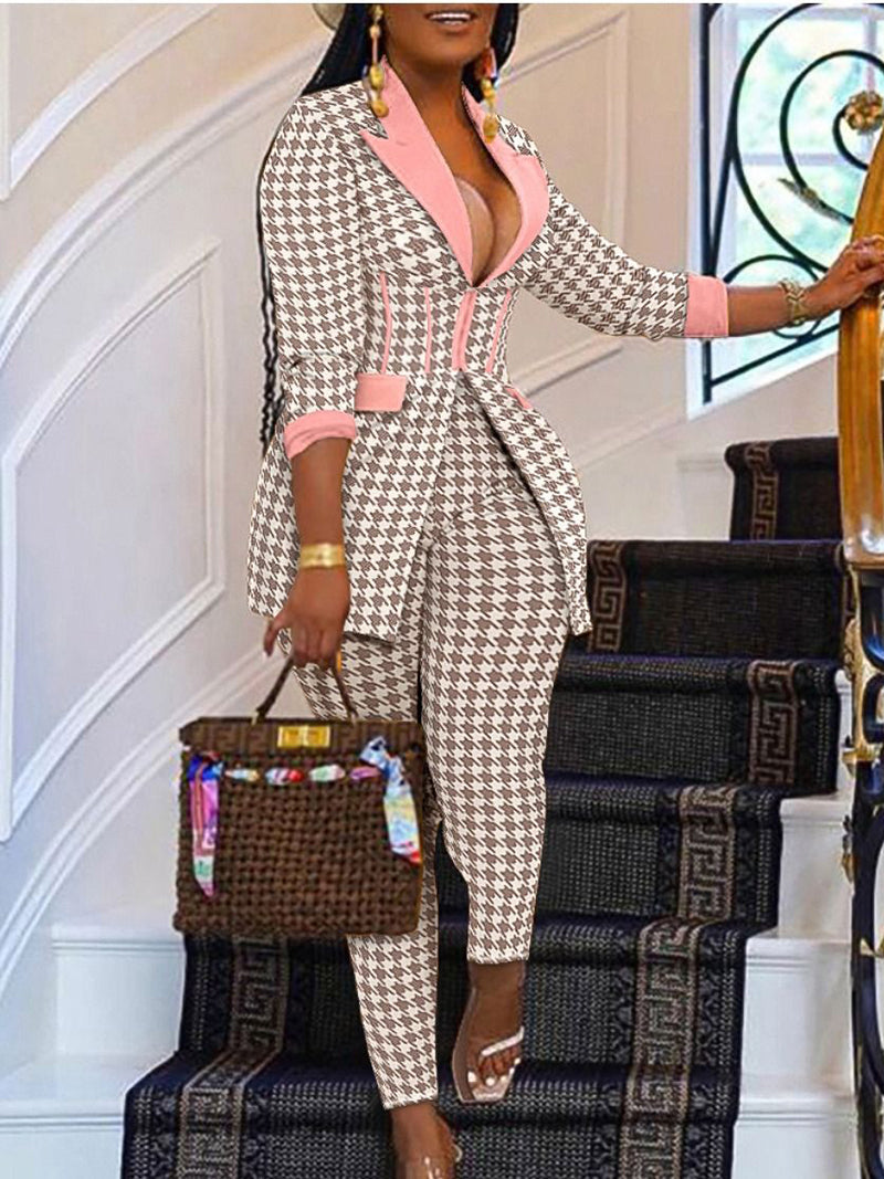 Casual Houndstooth Blazer Suit  Set