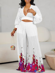 Puff Sleeves Pleat Wide leg Pants Suit