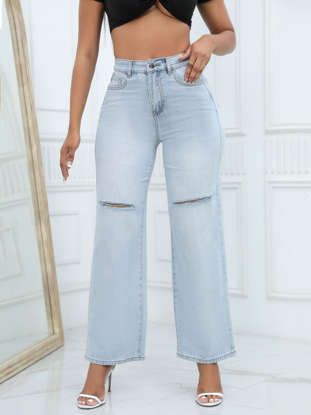 Fashion Ripped Straight-leg Jeans