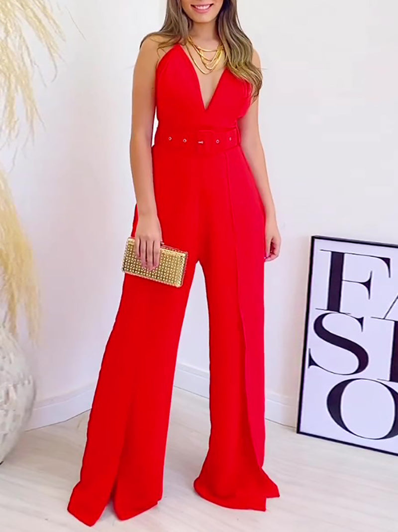 V-neck Slit Wide Leg Jumpsuit