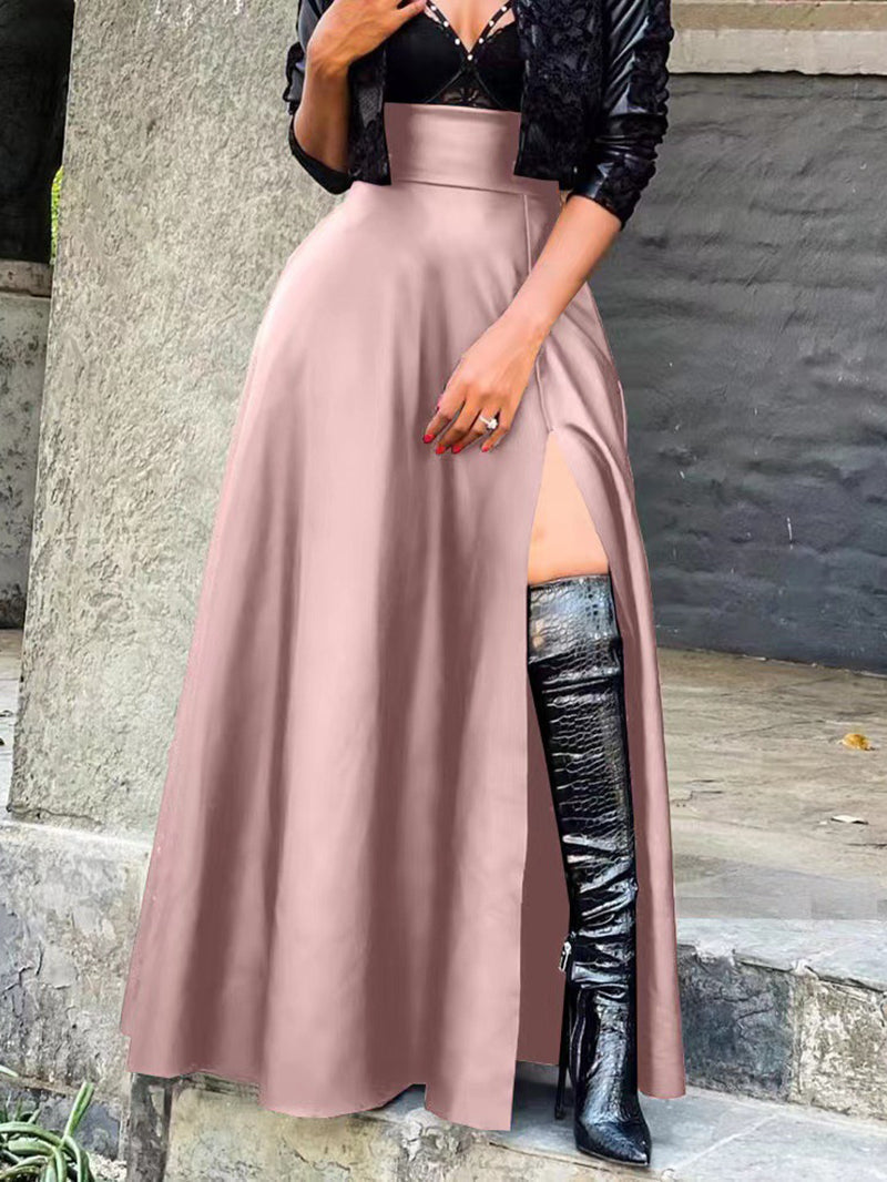 Fashion PU Leather Slit Slim-Fit Midi Skirts