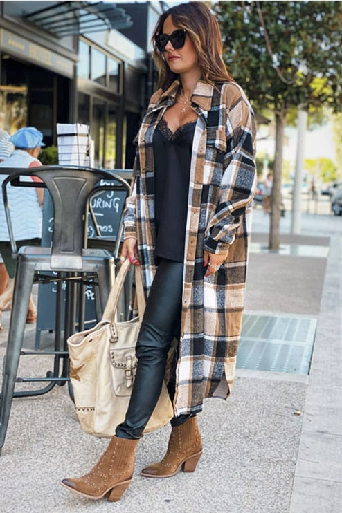 Flannel Shacket Plaid Jacket Maxi Length Coats