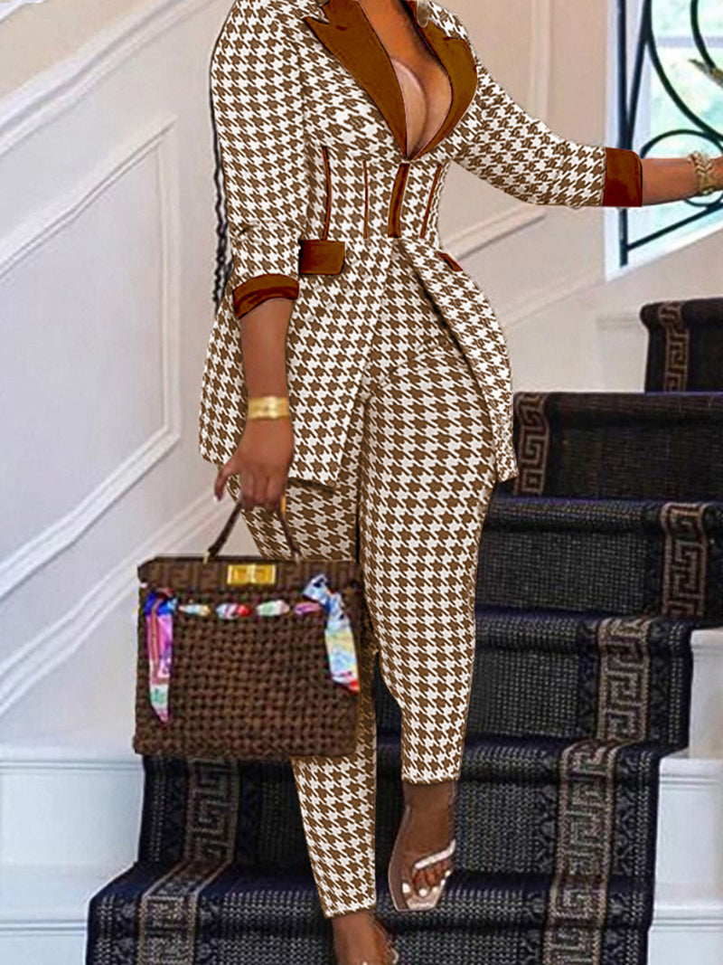 Casual Houndstooth Blazer Suit  Set