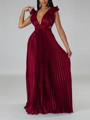 Deep V Backless Slim Pleated Dress