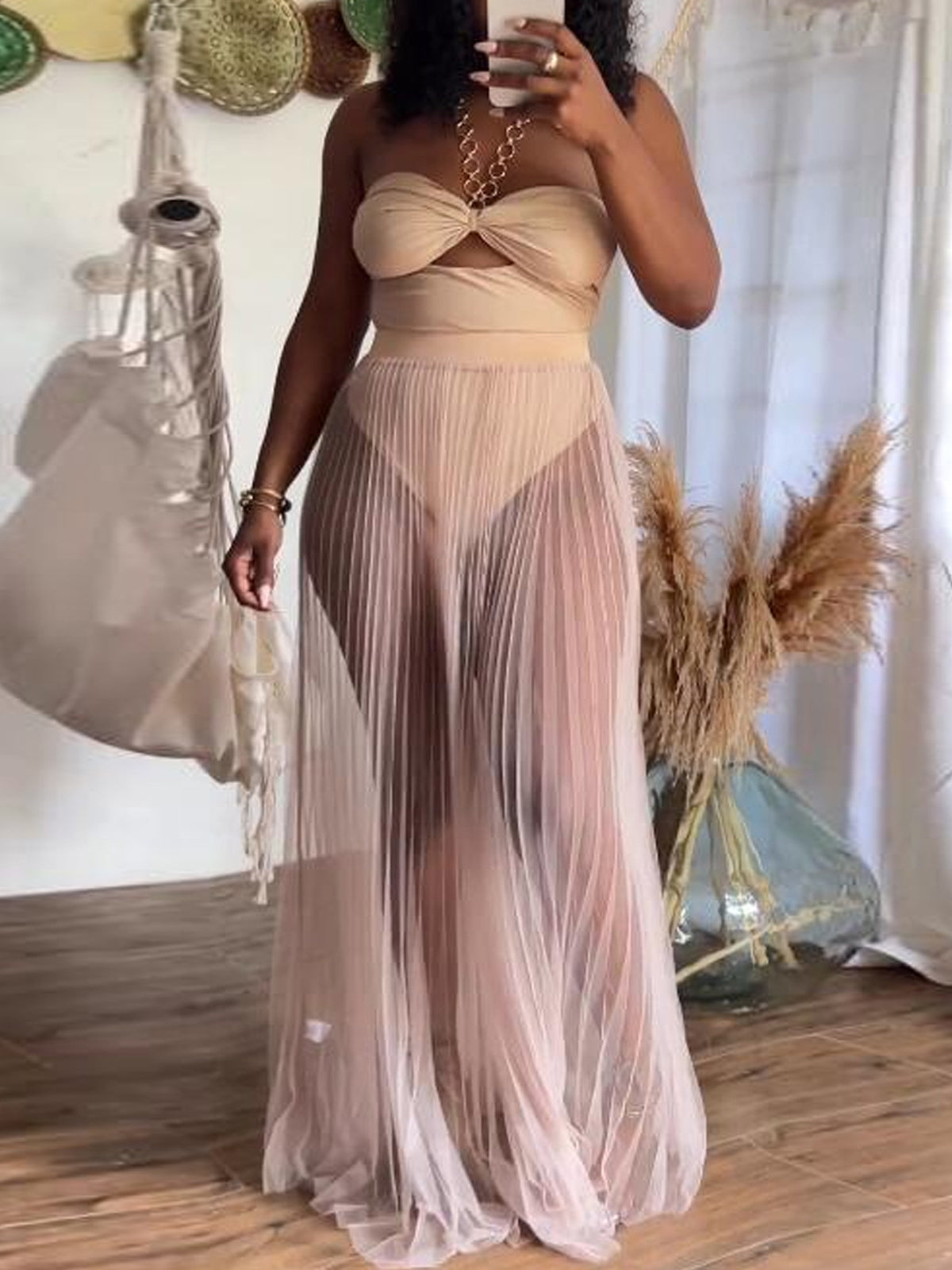 Halter Mesh Sheer Beach Skirt Suit