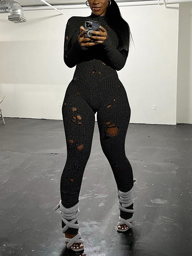 Sexy See through Ripped Knit Jumpsuit