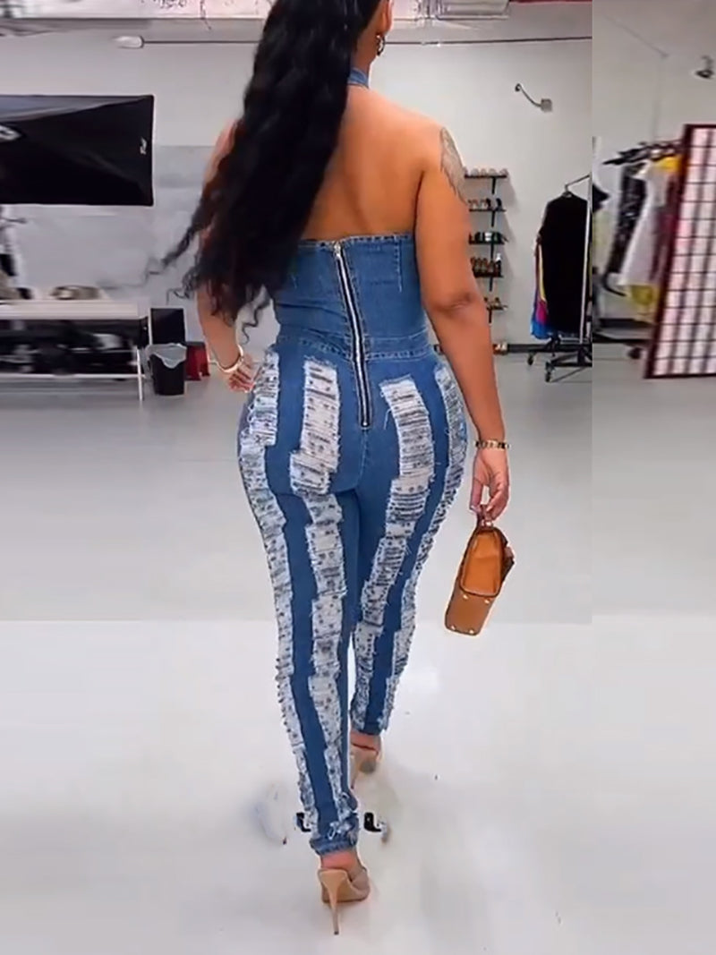 Backless Ripped Denim Jumpsuit